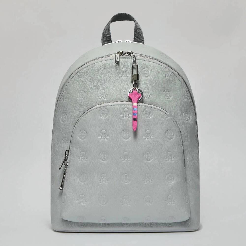 NEW G/FORE women's embossed skull & tees leather backpack in nimbus grey